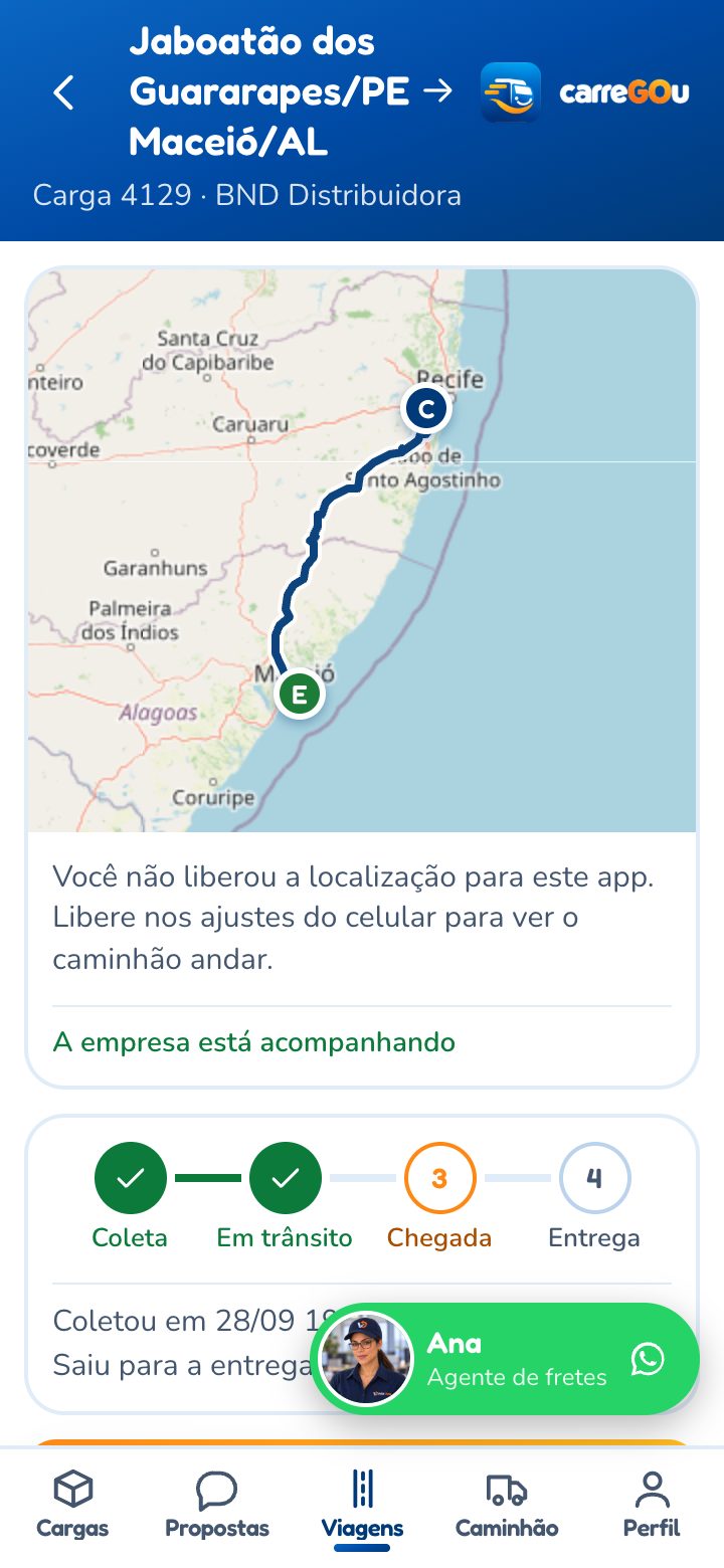 Tela da viagem com as quatro etapas e o pagamento do frete